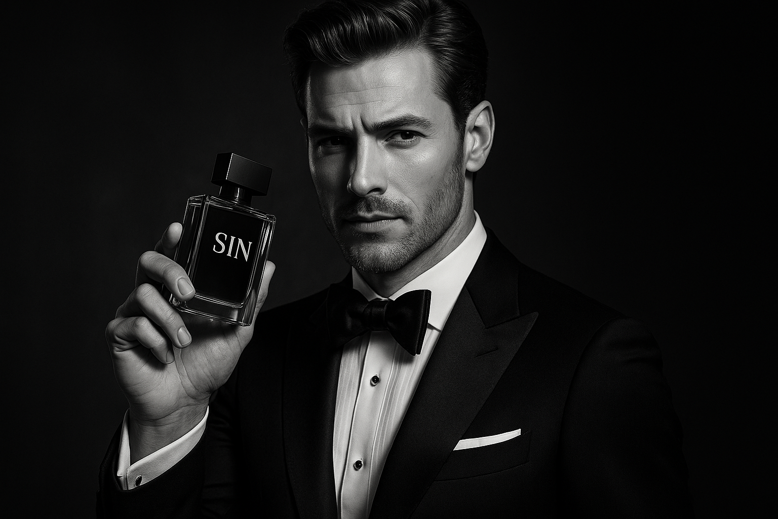 An Black and white image in which an smart, sexy men in tuxedo holding a perfume bottle name SIN