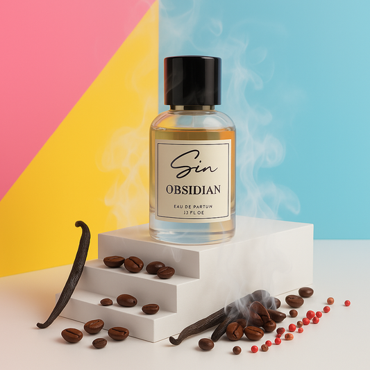 SIN Obsidian luxury perfume in India – pink pepper, coffee, and vanilla create a bold signature scent inspired by mystery, depth, and power.