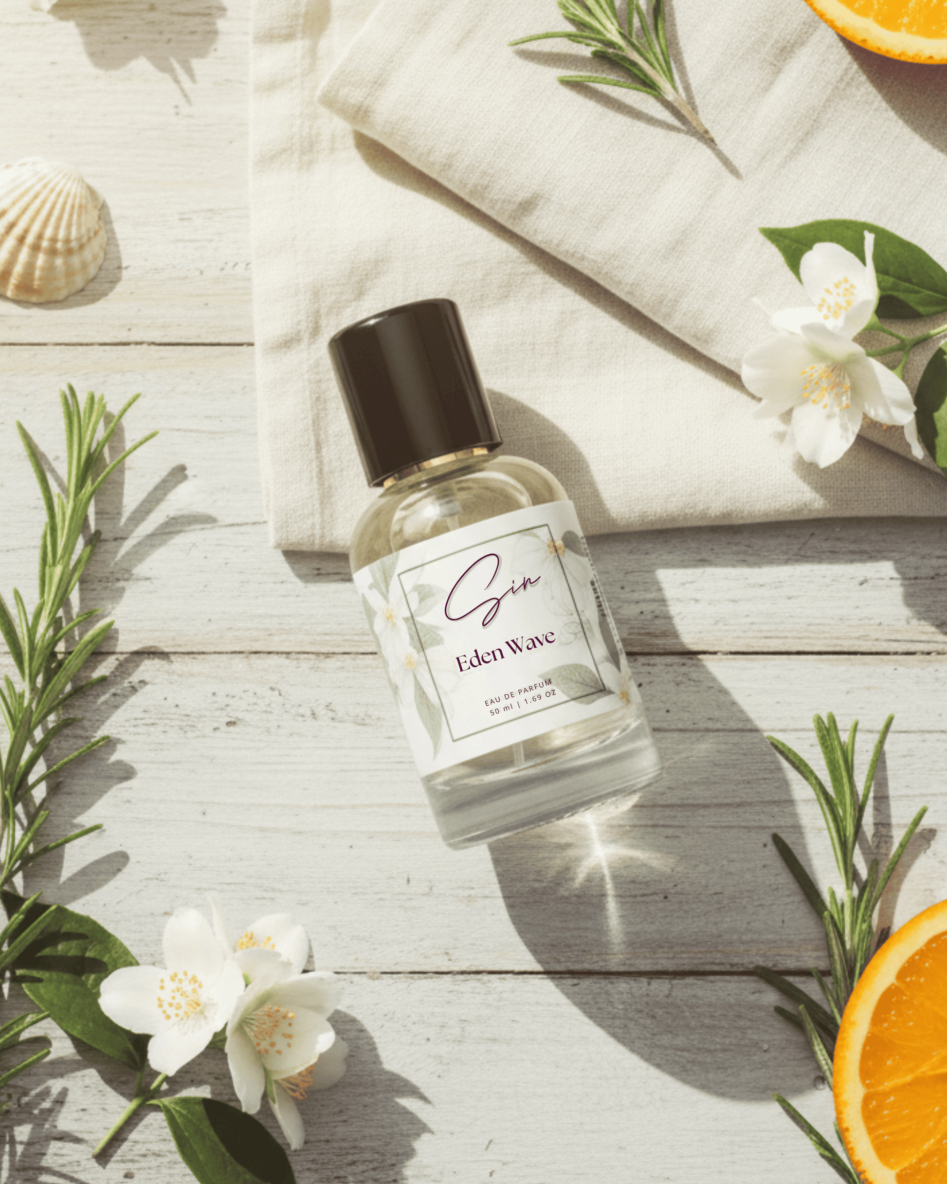 SIN Eden Wave luxury perfume in India – infused with citrus, marine, and amber notes. A refreshing signature scent symbolizing serenity and sophistication.
