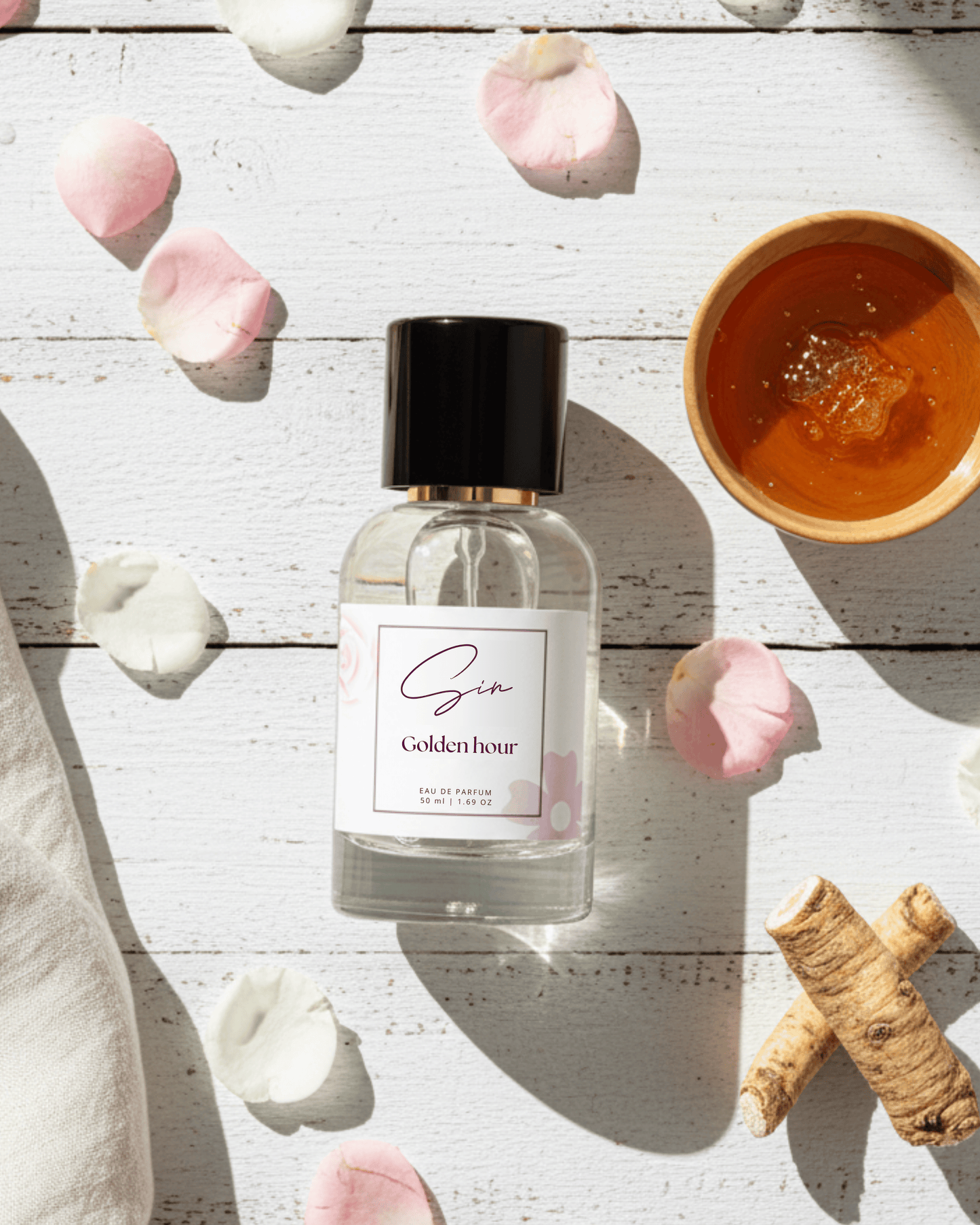 SIN Golden Hour luxury perfume in India – crafted with honey, roses, and musk. A signature scent that captures the warmth of sunset and elegance of luxury.