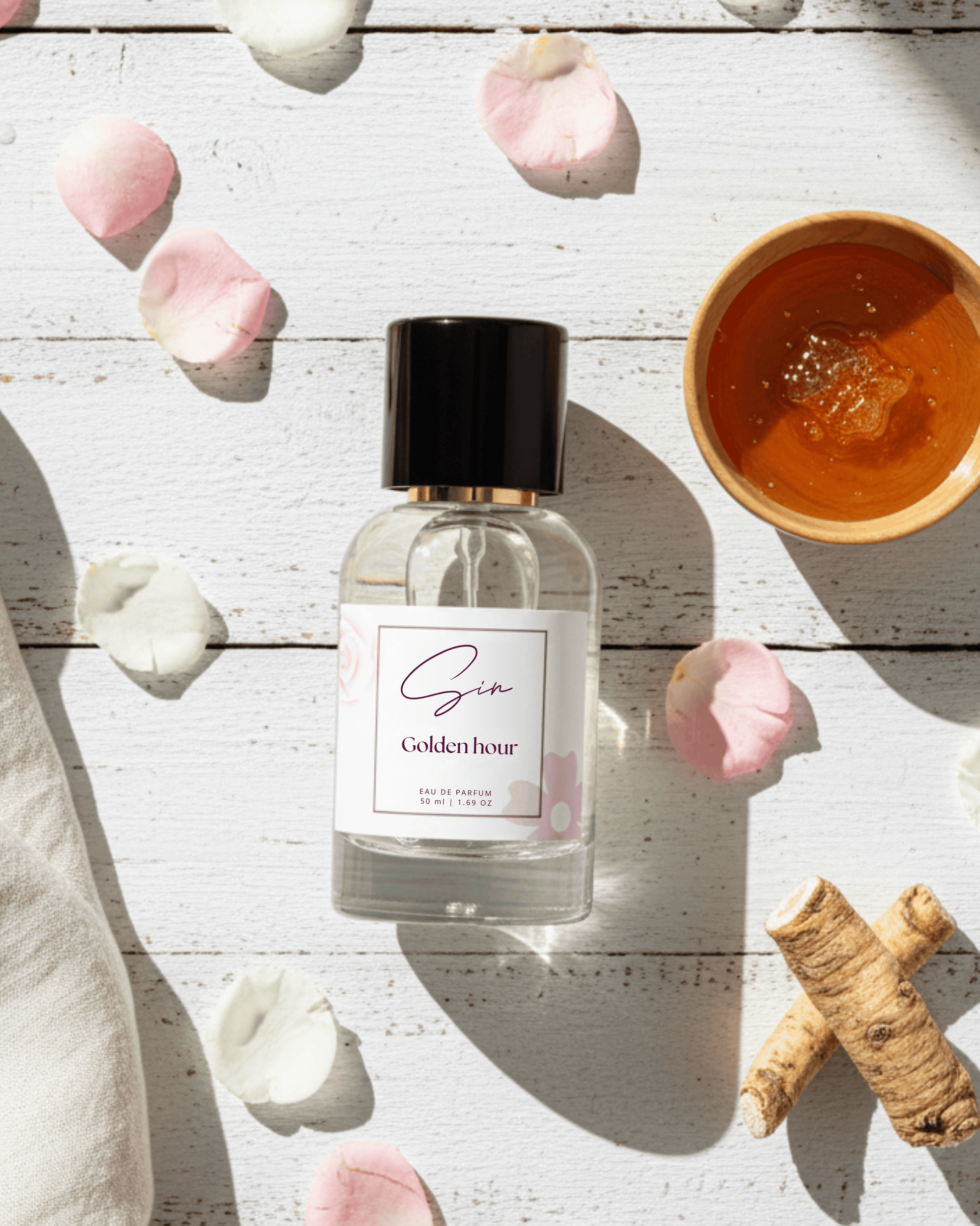 SIN Golden Hour luxury perfume in India – crafted with honey, roses, and musk. A signature scent that captures the warmth of sunset and elegance of luxury.