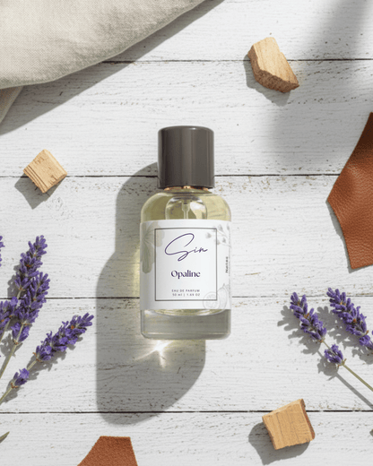SIN Opaline luxury perfume in India – blending lavender, leather, and guaiac wood. Signature unisex scent that radiates calm confidence and timeless grace.