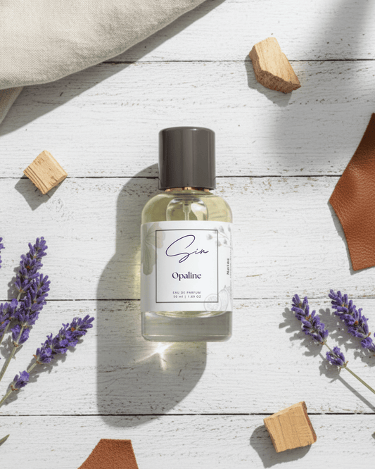 SIN Opaline luxury perfume in India – blending lavender, leather, and guaiac wood. Signature unisex scent that radiates calm confidence and timeless grace.